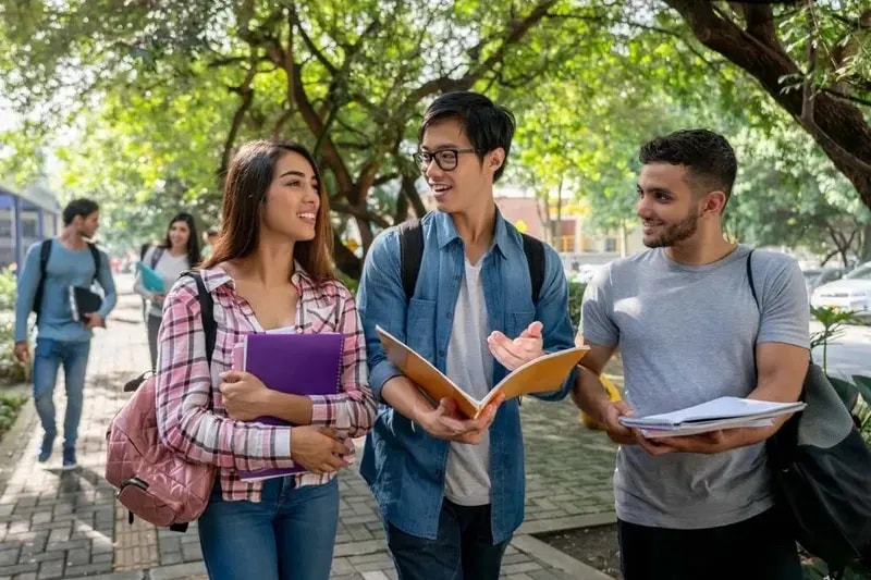 Students walking and talking on a university campus